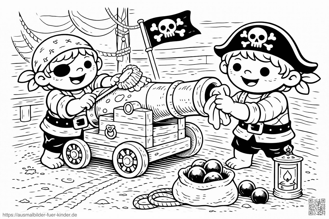 Piratenkinder putzen die Kanone - Ausmalbild