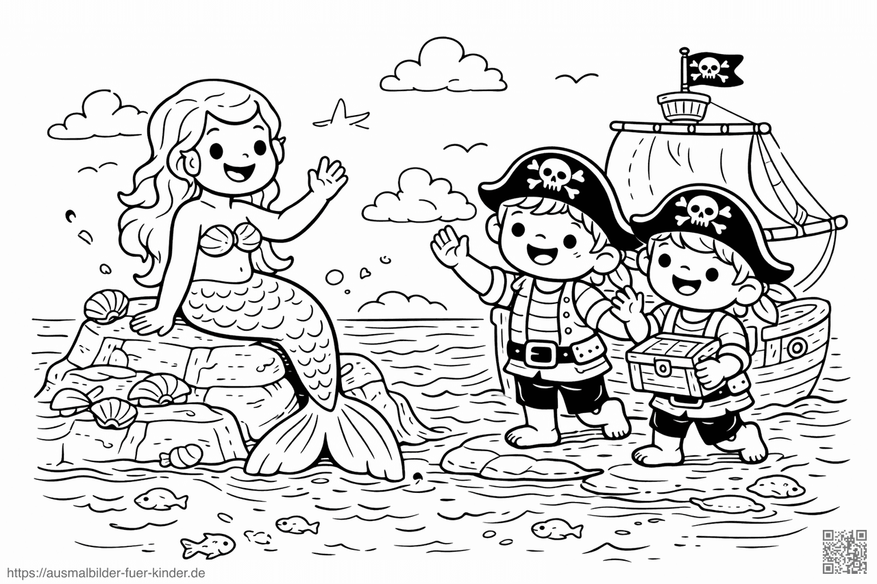 Piratenkinder und Meerjungfrau am Strand - Ausmalbild