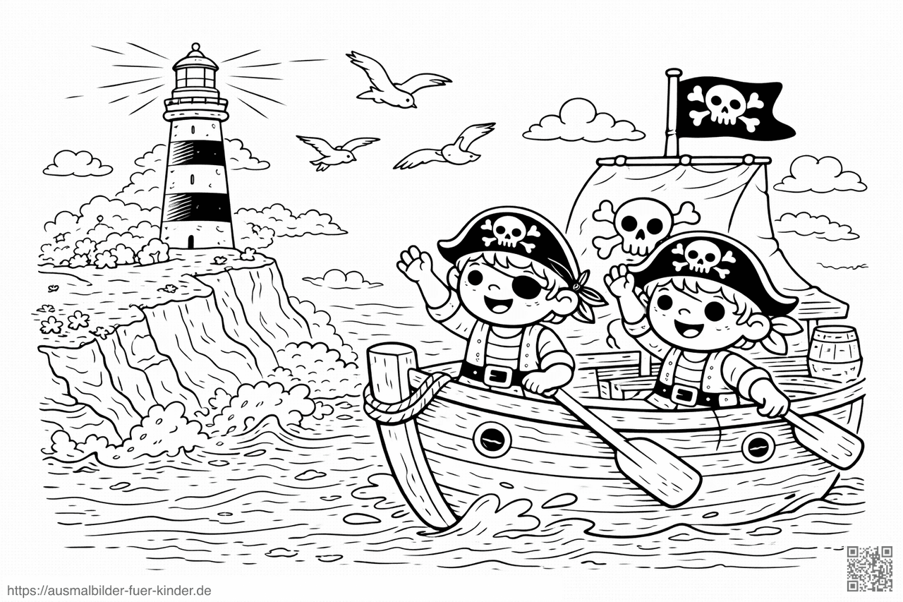 Piratenkinder vor dem Leuchtturm - Ausmalbild