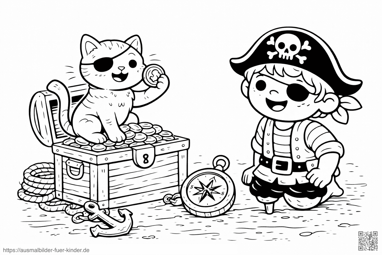 Piratenschatz mit Katze und Kind - Ausmalbild