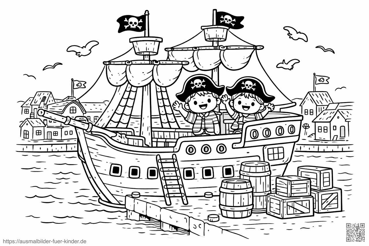 Piratenschiff im Hafen mit Kindern - Ausmalbild Piratenschiff im Hafen mit Kindern - Ausmalbild