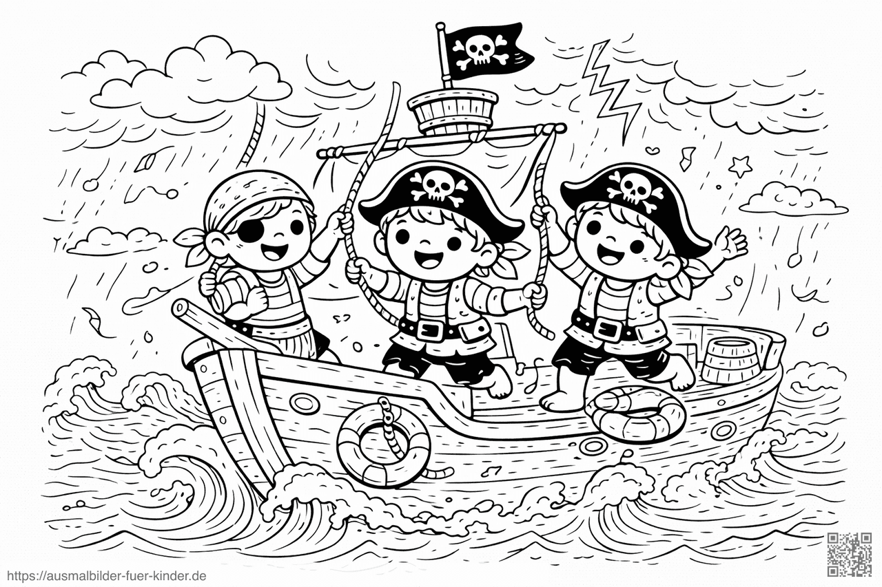 Piratenschiff im Sturm mit Kindern - Ausmalbild Piratenschiff im Sturm mit Kindern - Ausmalbild