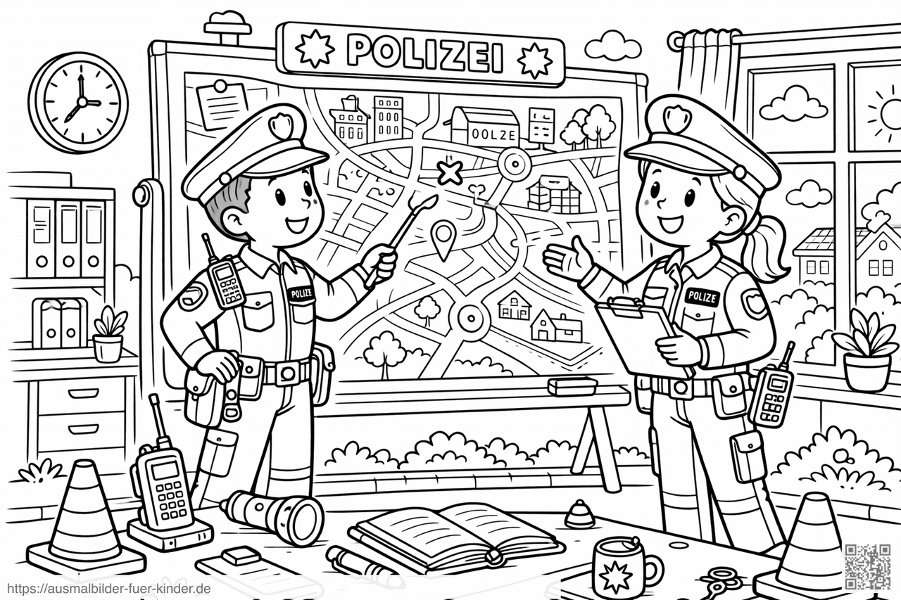 Polizei Briefing am Kartenbrett - Ausmalbild