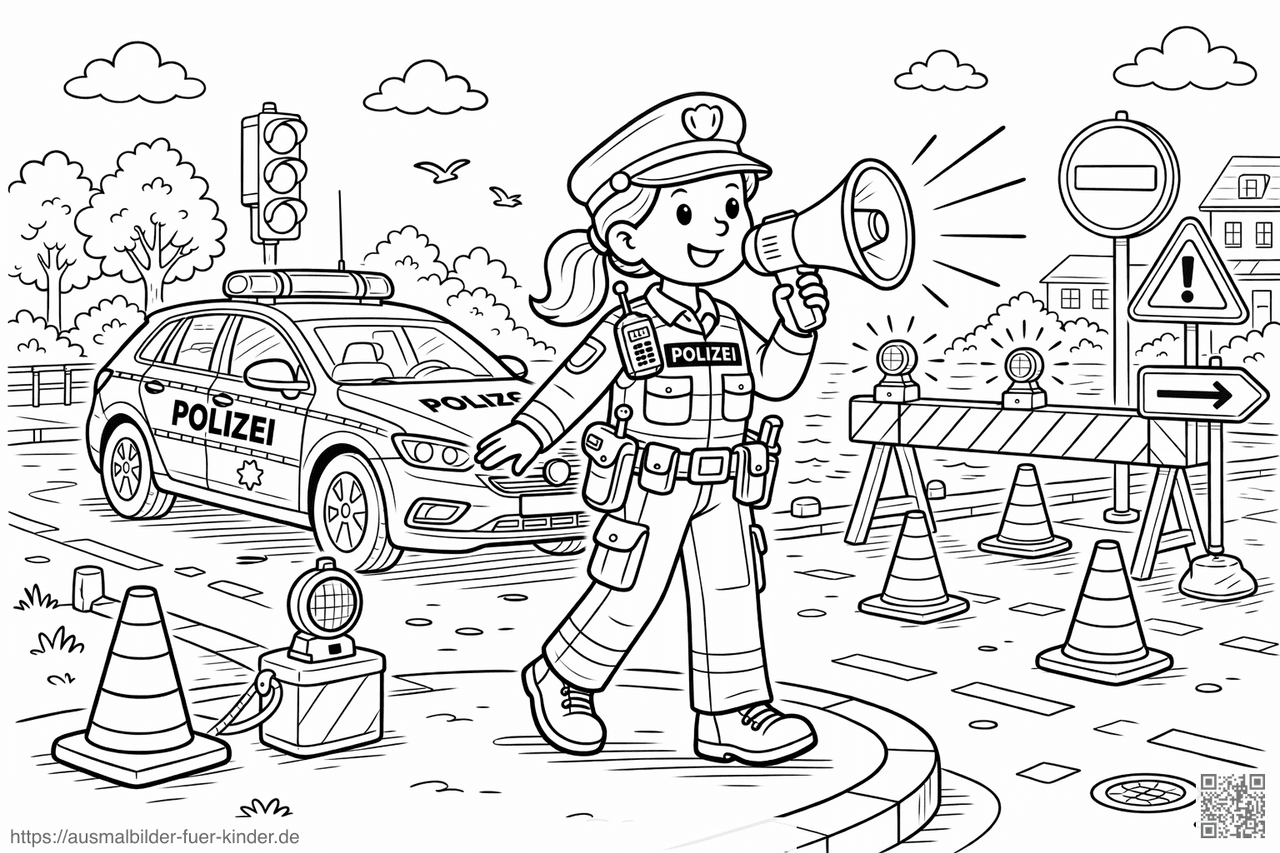 Polizei am Straßensperre mit Megafon - Ausmalbild