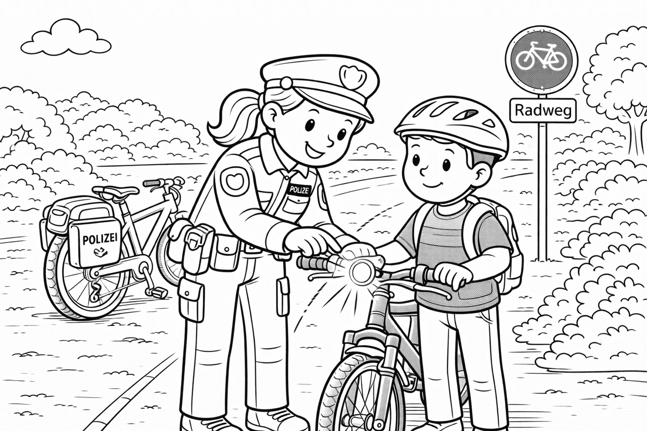 Polizei überprüft Fahrradleuchte im Park - Ausmalbild