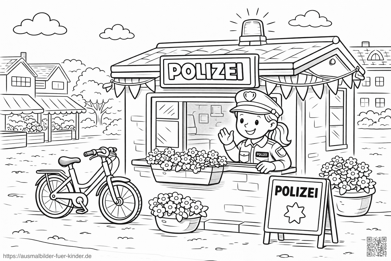 Polizei-Station im Kinderfarben-Markt - Ausmalbild