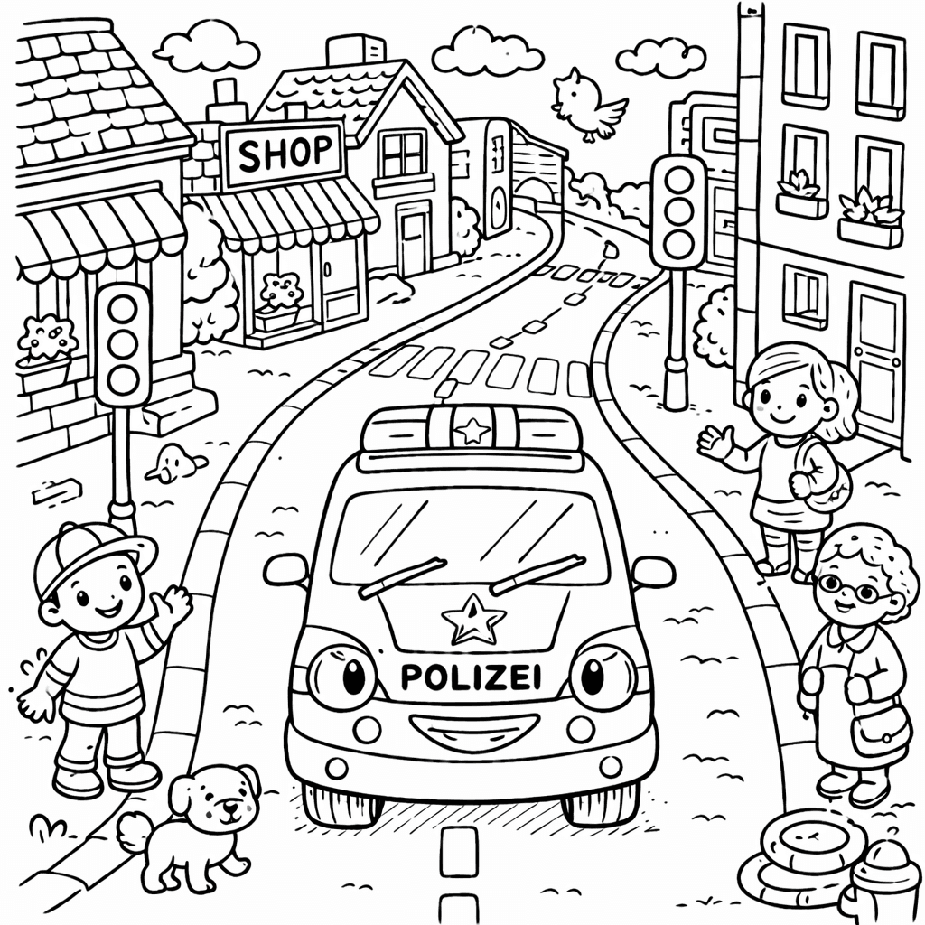 Polizeiauto auf der gemütlichen Straße - Ausmalbild