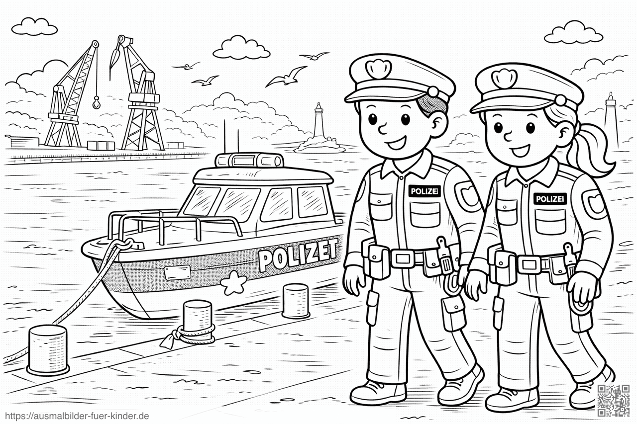 Polizeibeamte am Hafen mit Boot - Ausmalbild