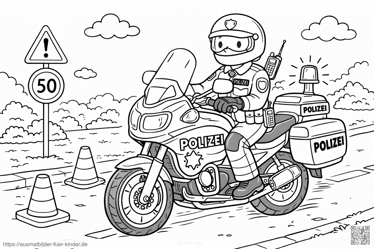 Polizeibeamter auf Motorrad an Landstraße - Ausmalbild