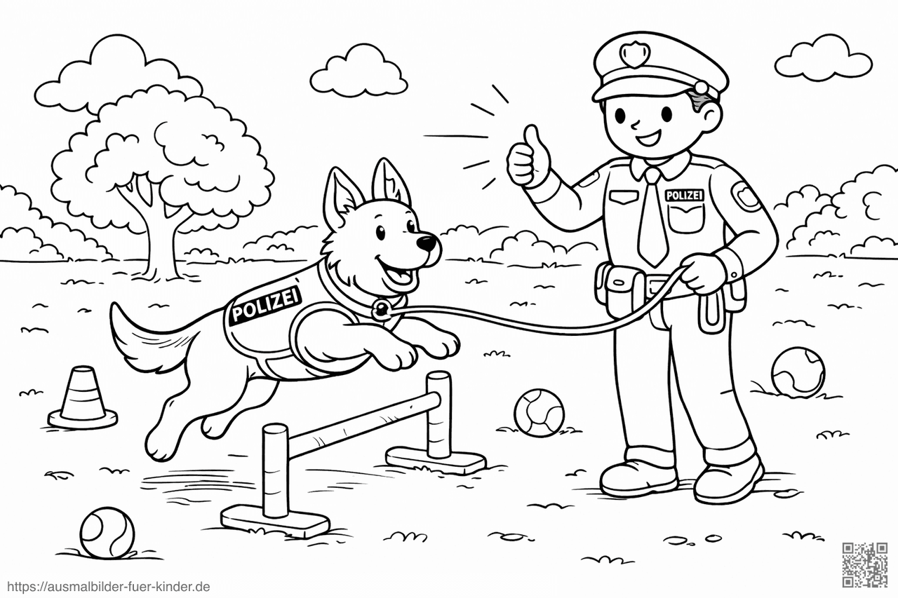 Polizeihund im Training auf dem Feld - Ausmalbild Polizeihund im Training auf dem Feld - Ausmalbild