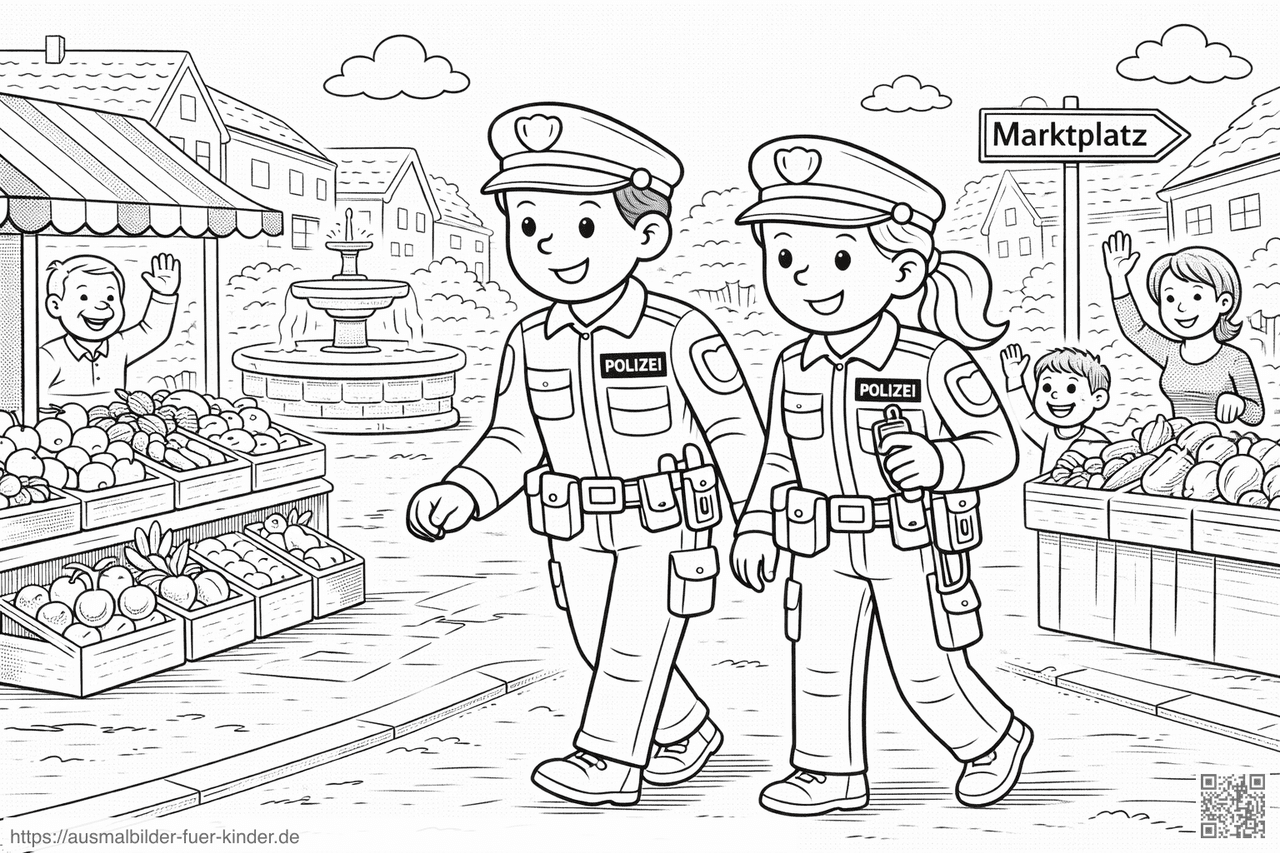 Polizeistreife im Marktplatz unterwegs - Ausmalbild