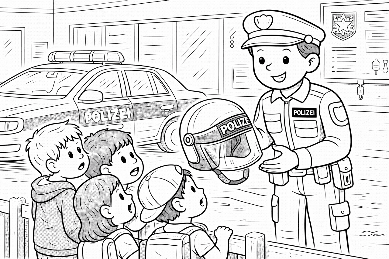 Polizist erklärt den Helm Kindern - Ausmalbild