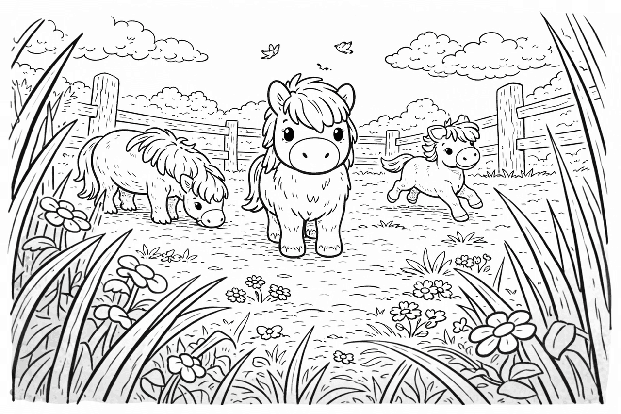 Ponys auf der Weide - Ausmalbild