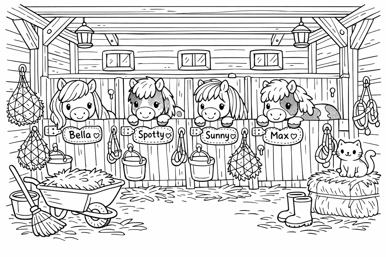 Ponystall mit Katzen - Ausmalbild