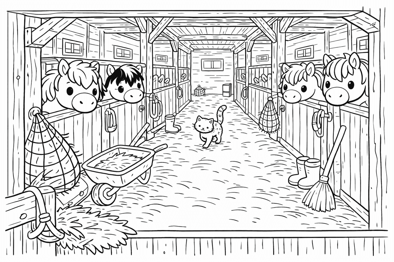 Ponystall mit Ponys - Ausmalbild