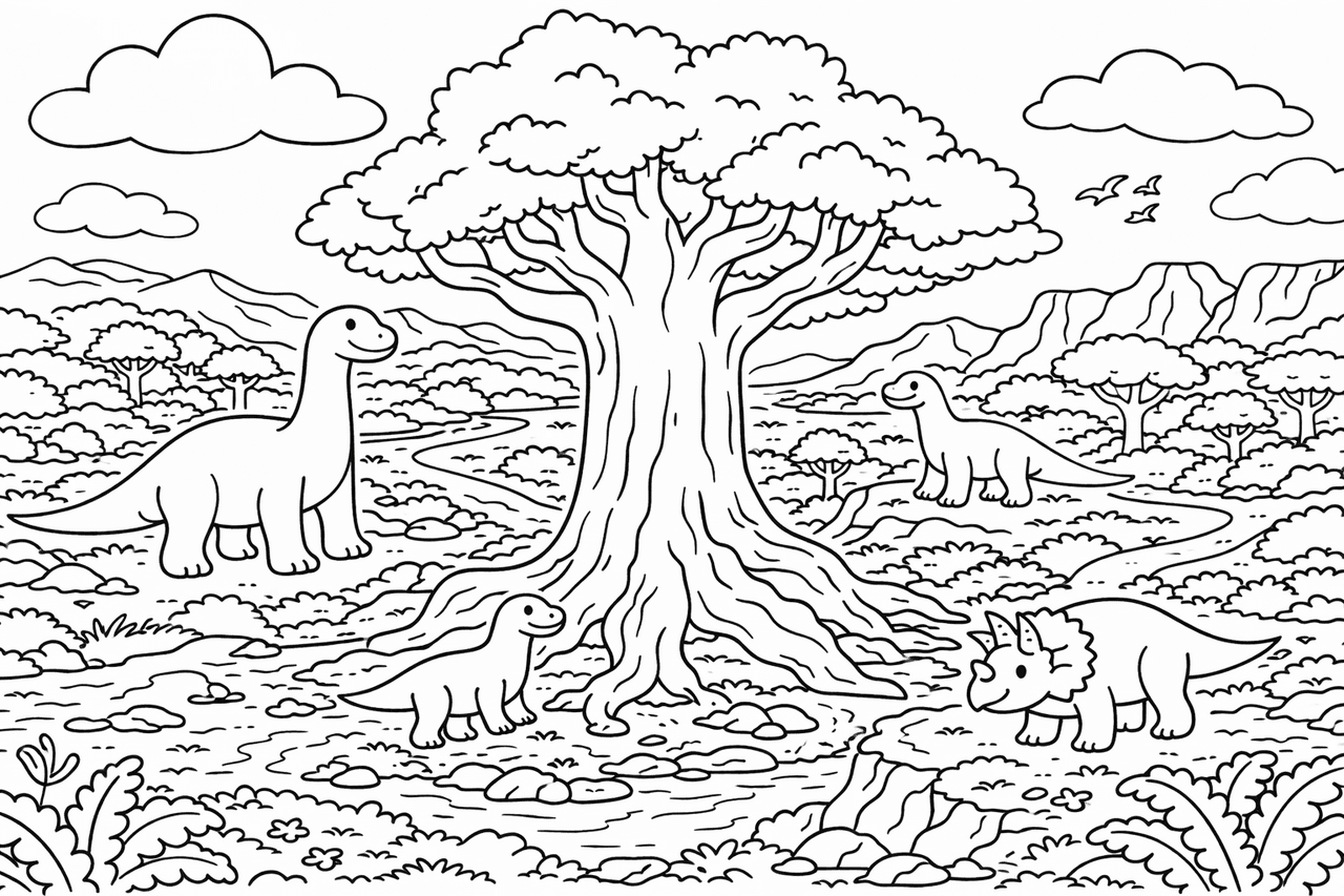 Prähistorische Landschaft mit Baum - Ausmalbild