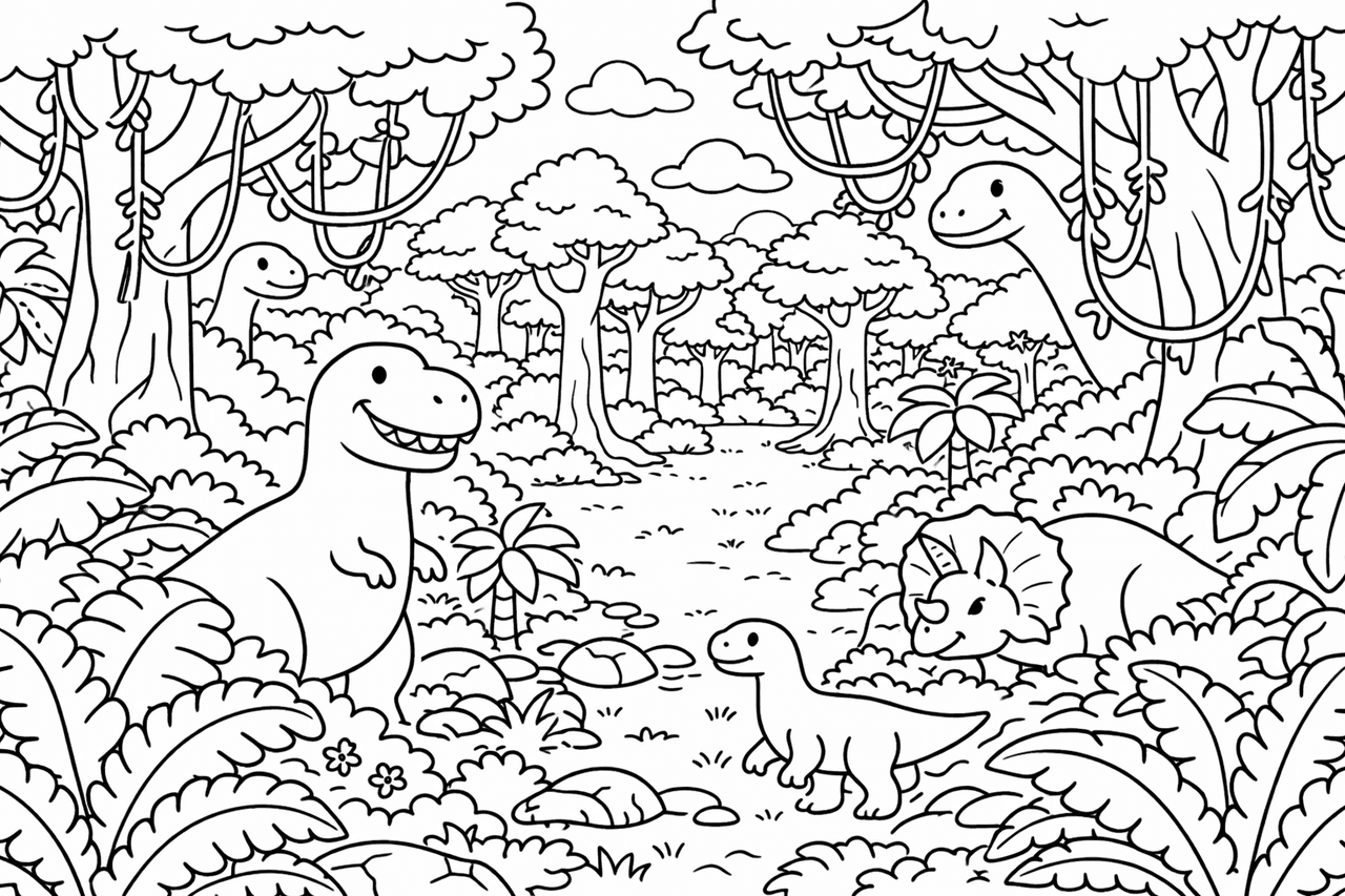 Prähistorischer Dschungel mit Dinosauriern - Ausmalbild