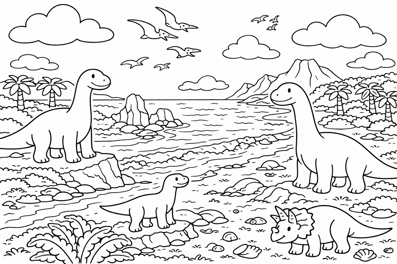 Prähistorisches Strandleben - Ausmalbild