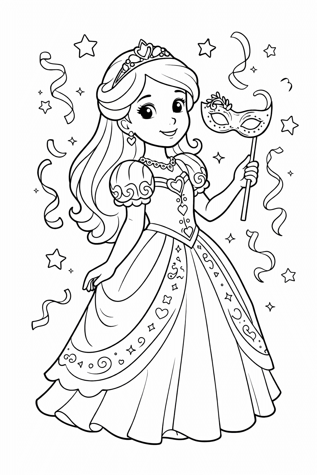 Prinzessin mit Masken und Sternen - Ausmalbild
