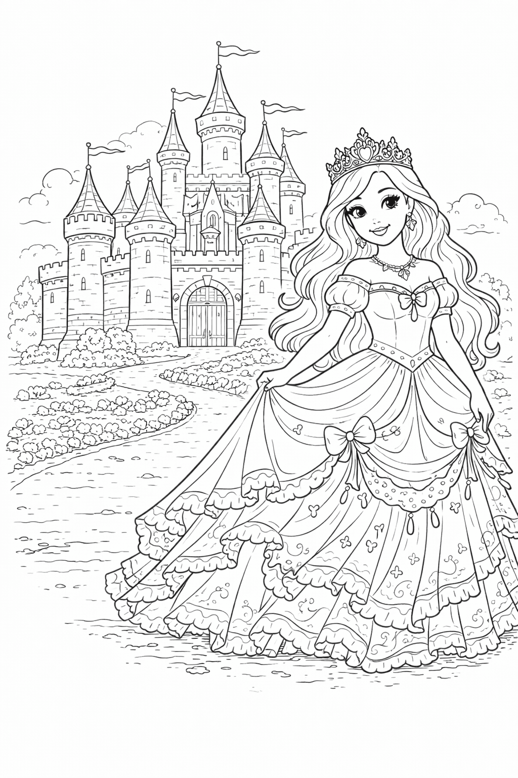 Prinzessin vor Schloss - Ausmalbild