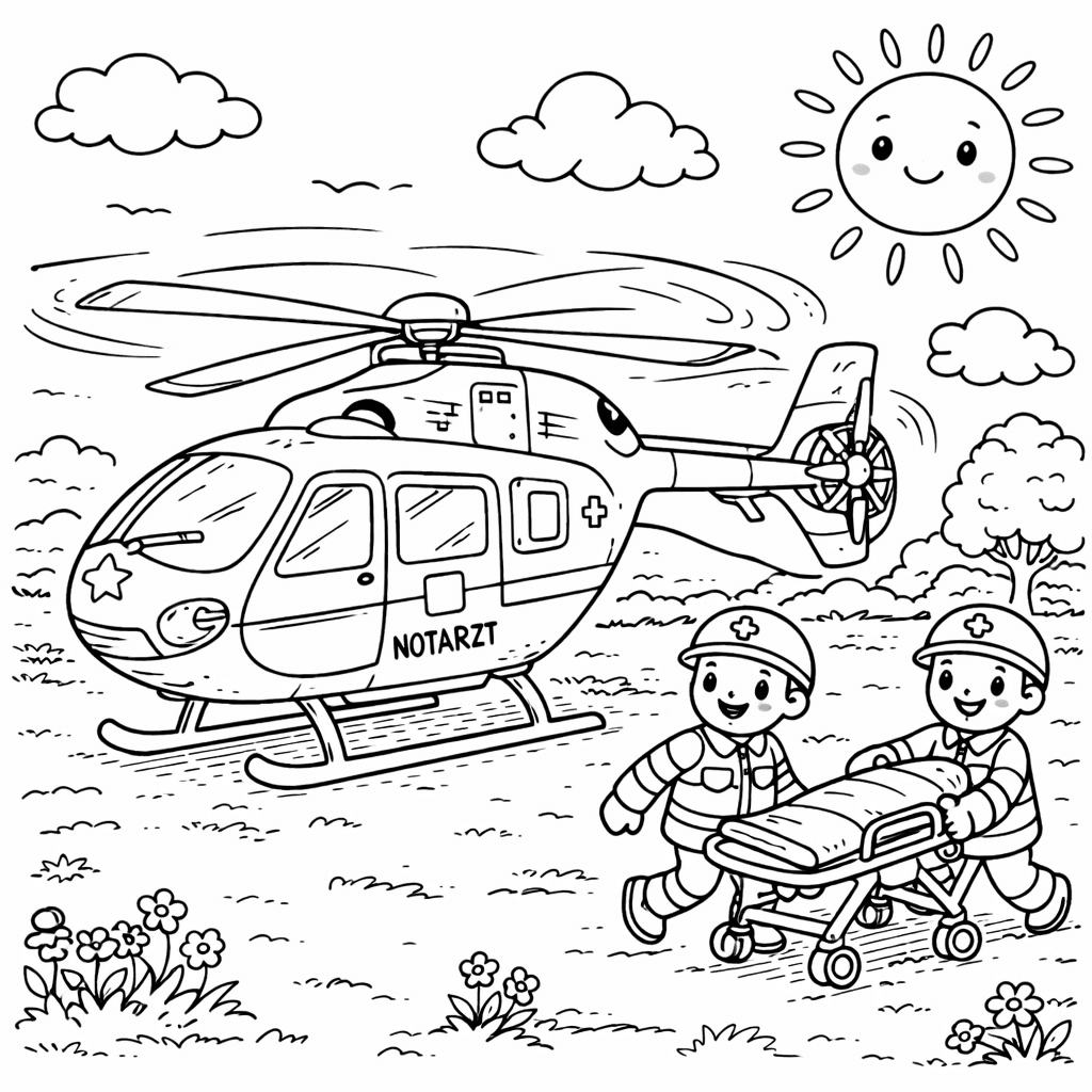 Rettungshelikopter auf der Wiese - Ausmalbild