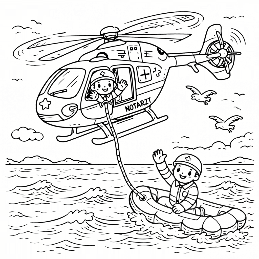 Rettungshubschrauber über dem Meer - Ausmalbild