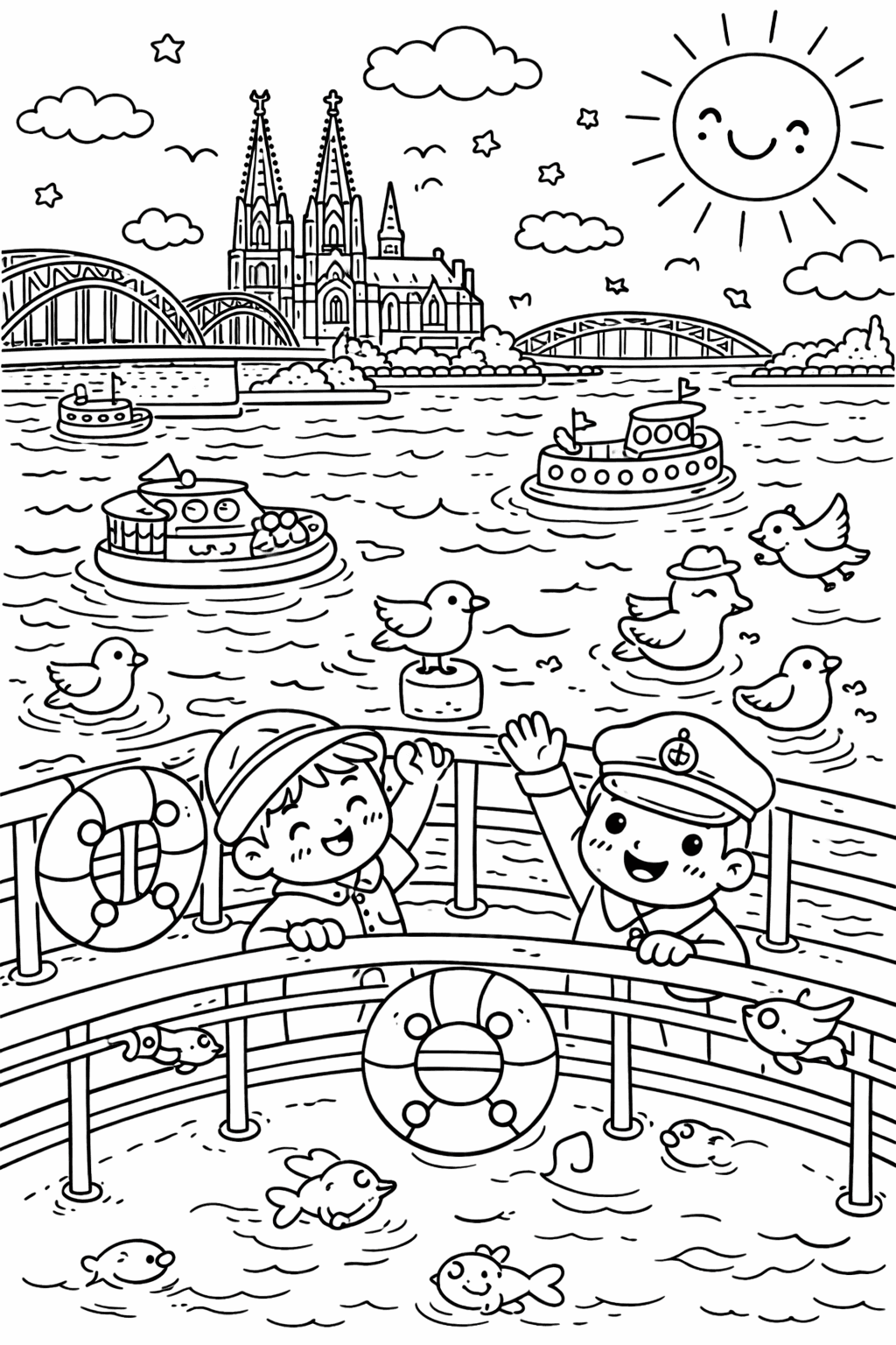 Rheinfahrt im Kawaii-Stil - Ausmalbild