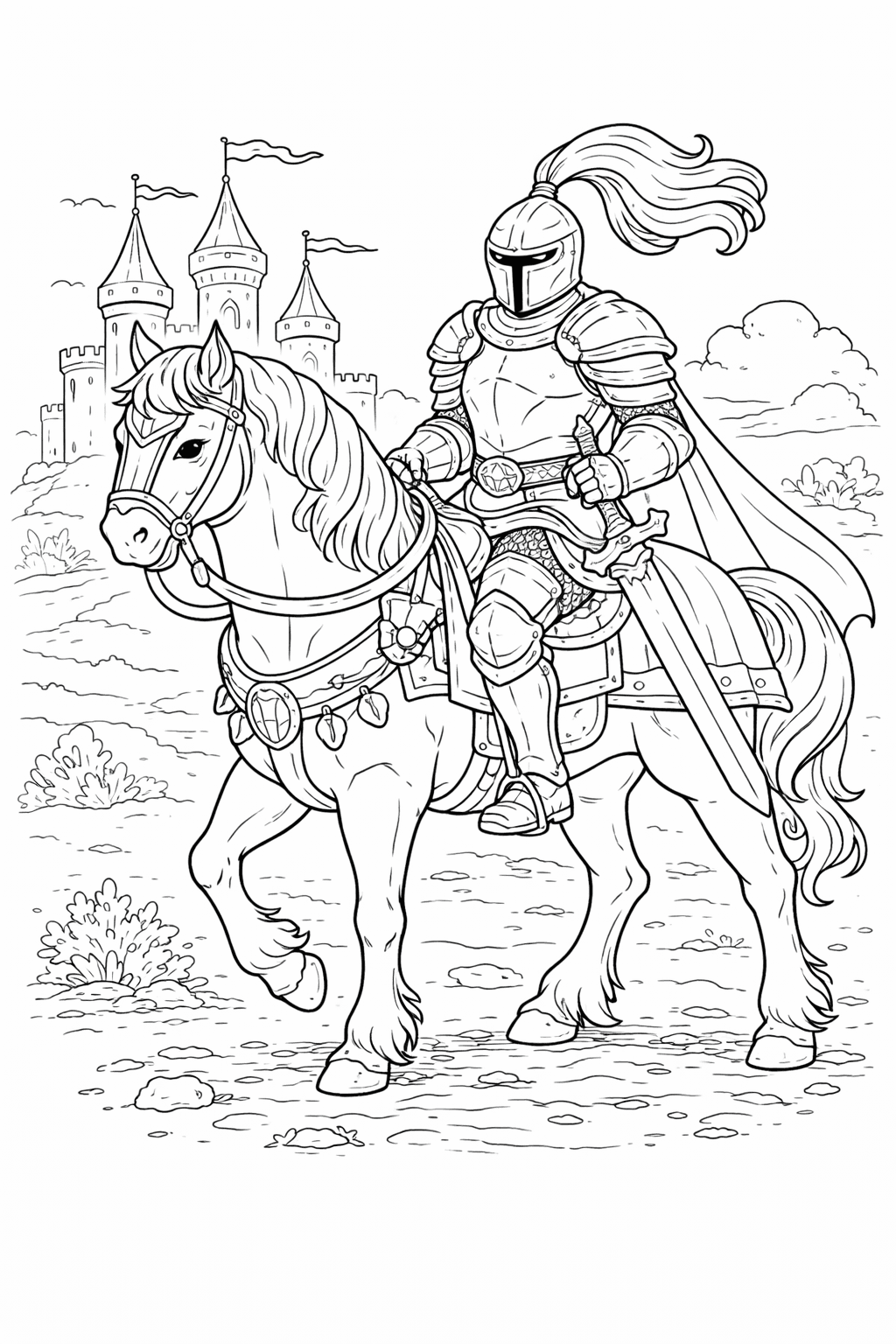 Ritter auf Pferd - Ausmalbild