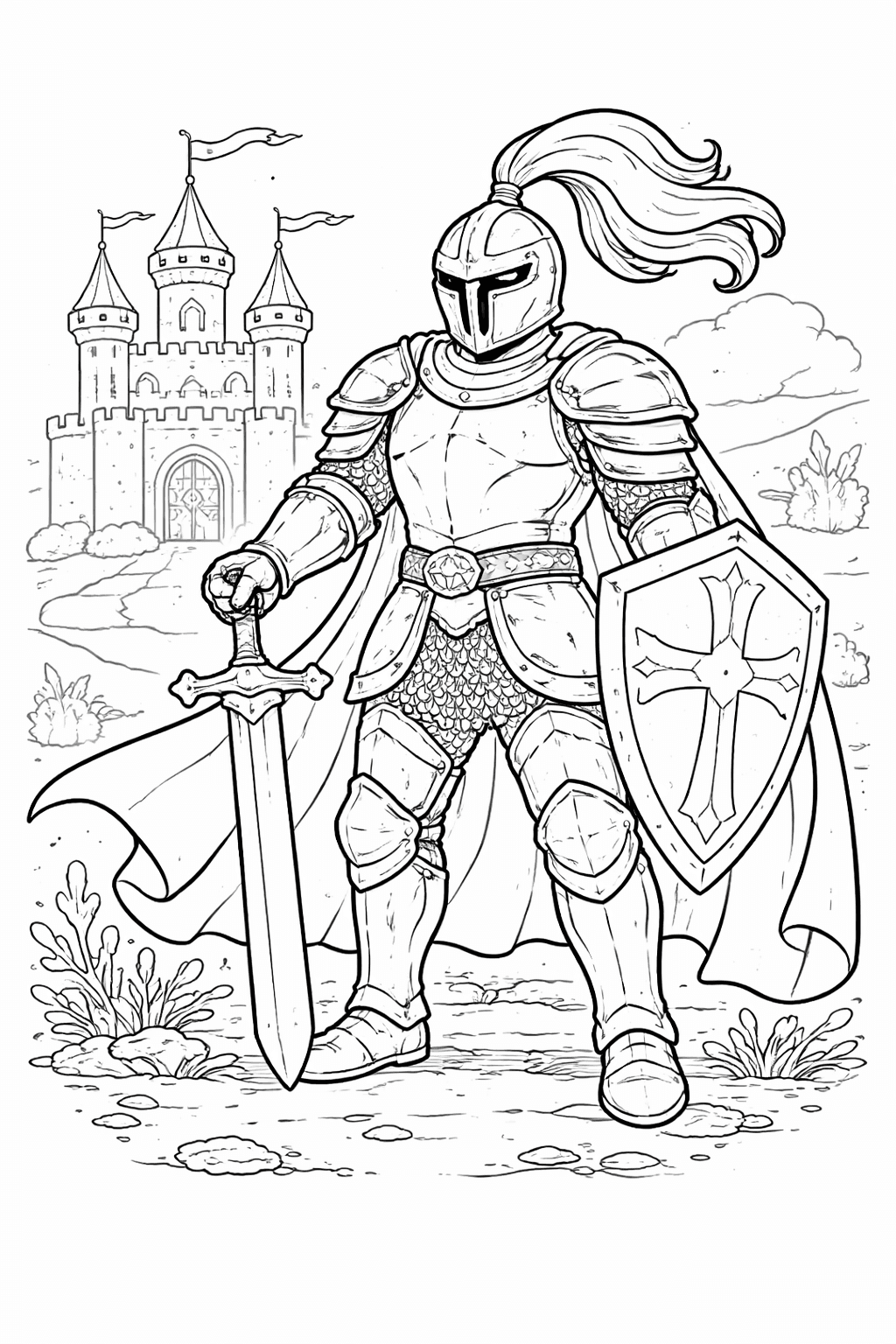 Ritter vor Burg - Ausmalbild