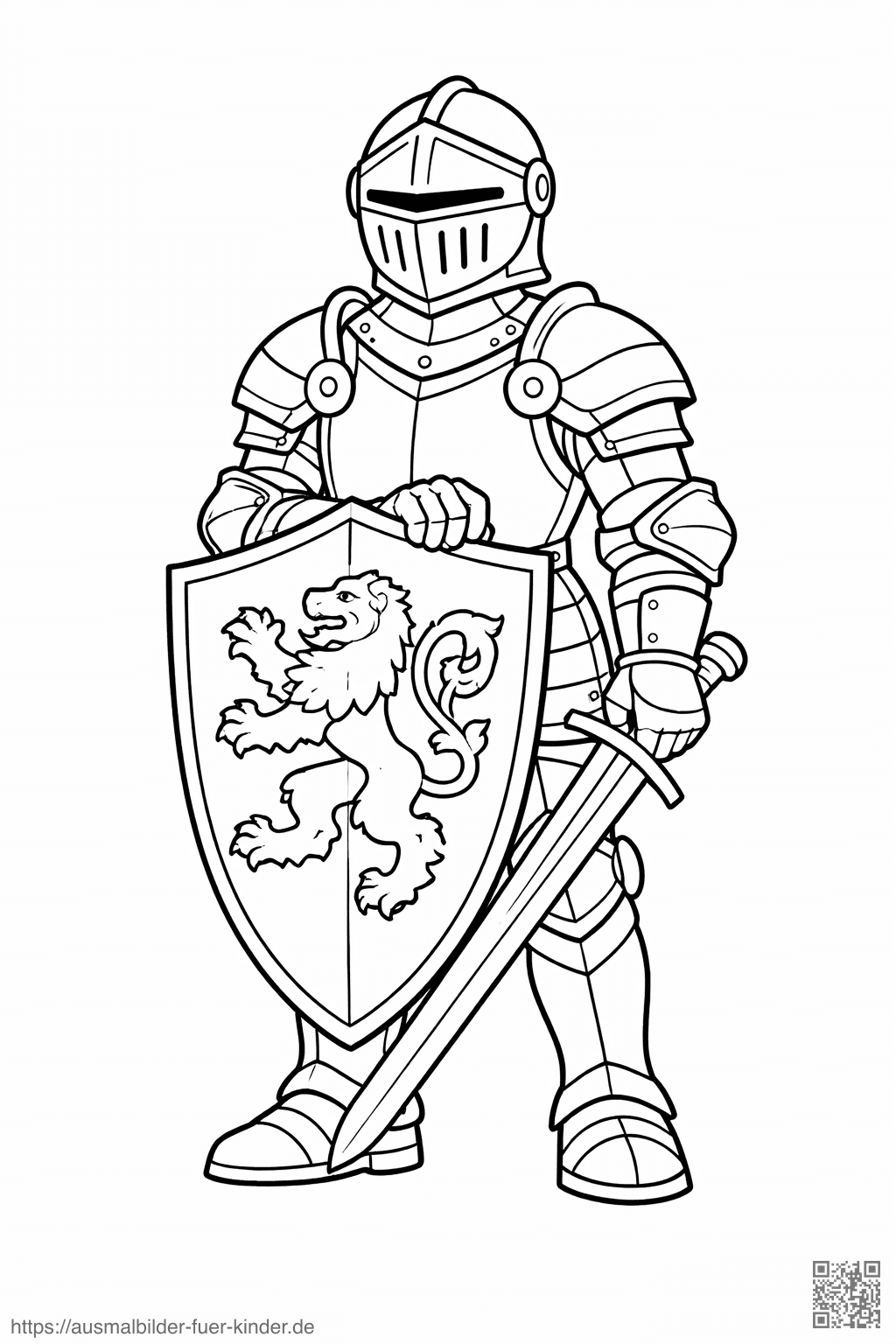 Ritter mit Wappen-Löwen auf Schild - Ausmalbild