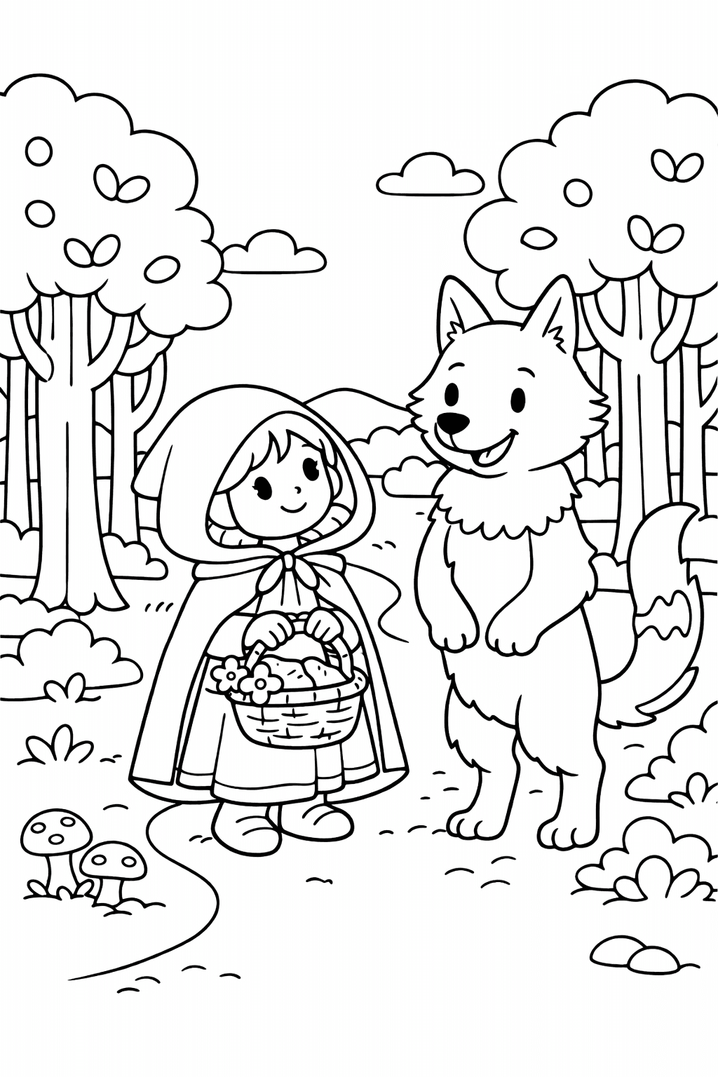 Rotkäppchen und der freundliche Wolf - Ausmalbild