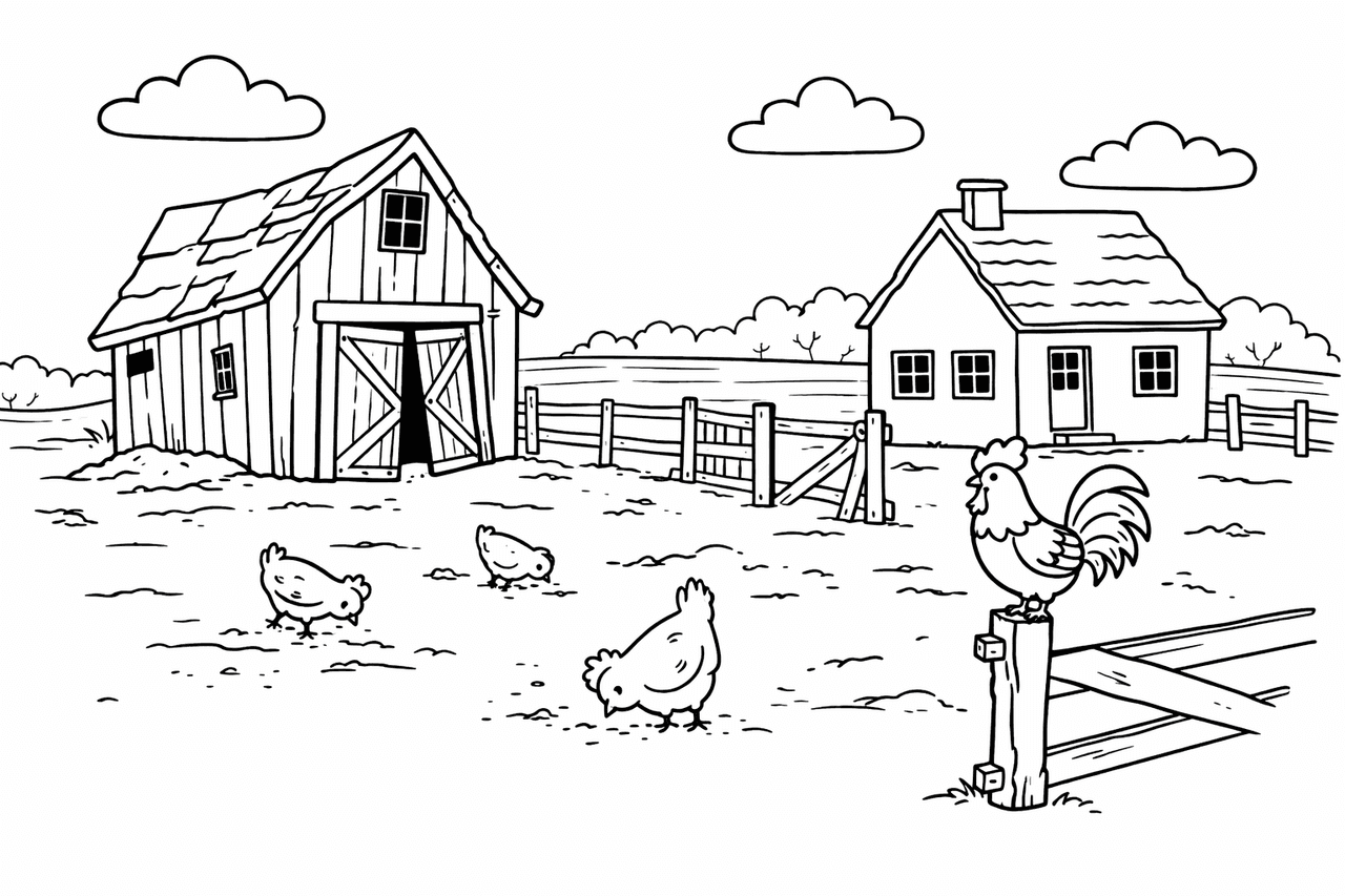 Rustikaler Bauernhof mit Hühnern - Ausmalbild