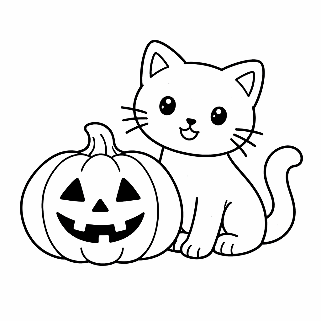 Süße Schwarze Katze Und Kürbis - Ausmalbild