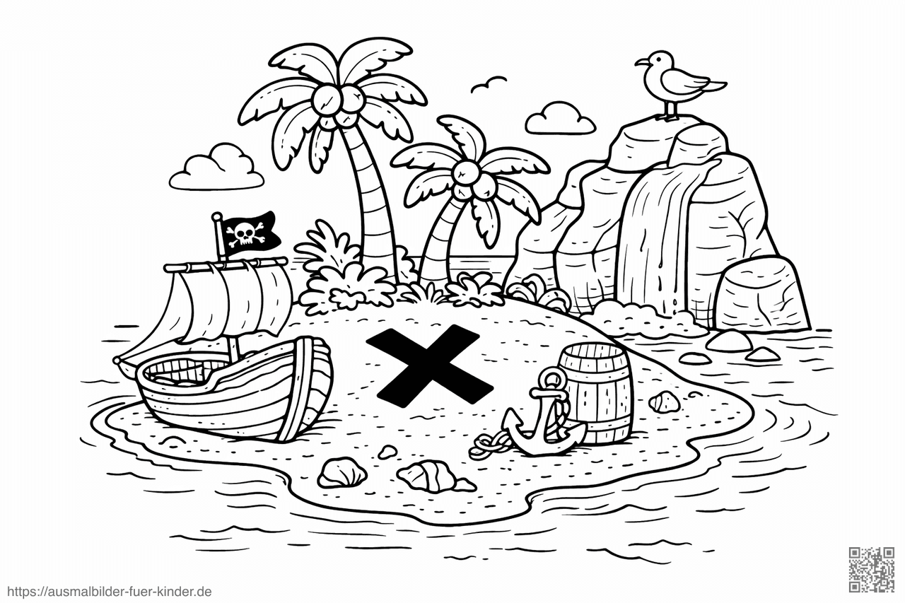 Schatzinsel mit Piratenboot und Wasserfall - Ausmalbild Schatzinsel mit Piratenboot und Wasserfall - Ausmalbild