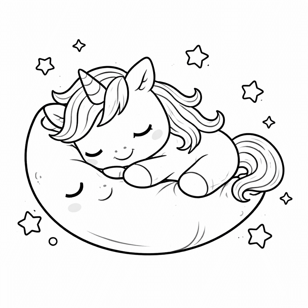 Schlafender Einhorn Auf Mondkissen - Ausmalbild