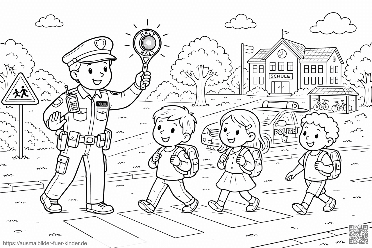 Schulweg mit freundlichem Polizeibeamten - Ausmalbild
