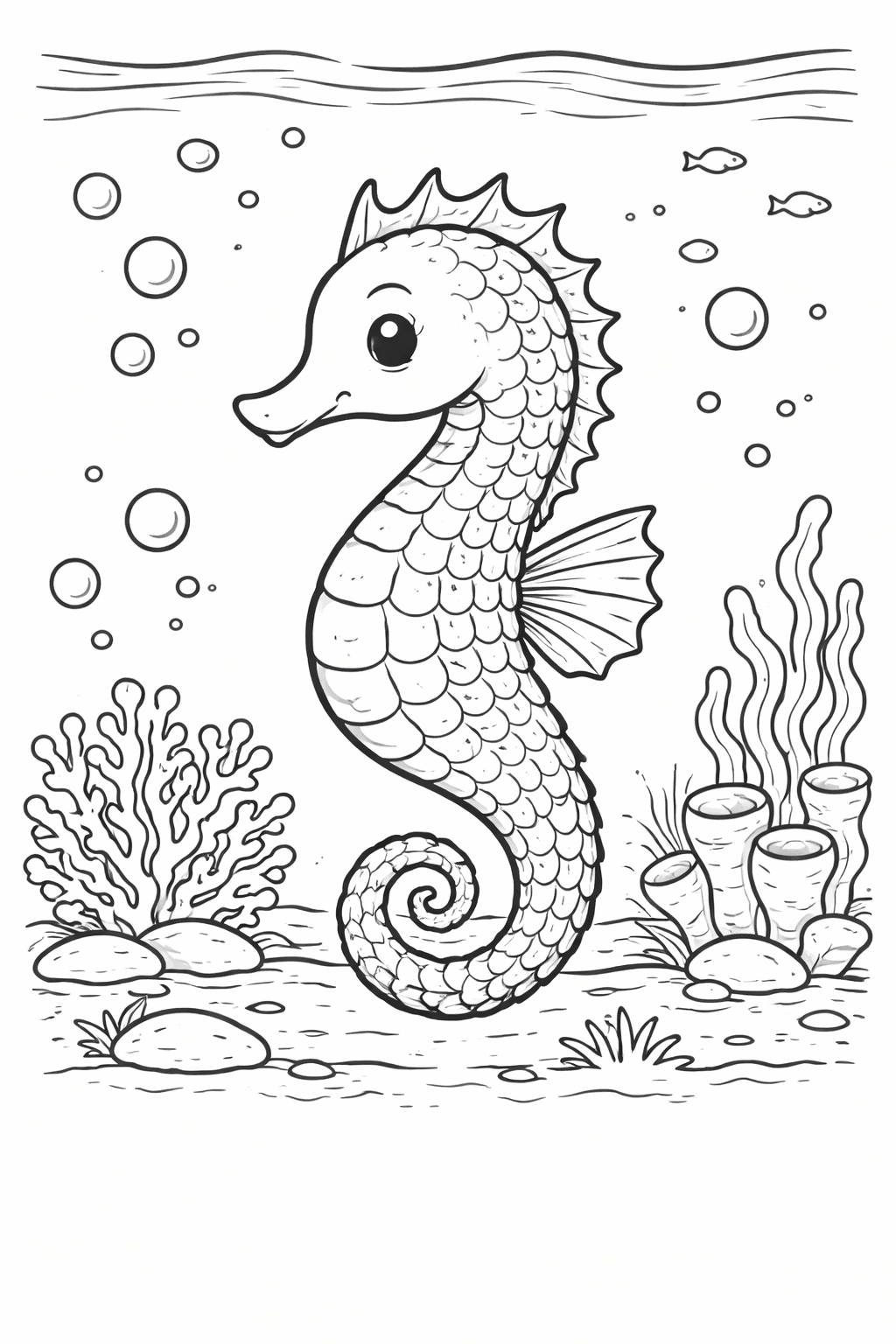 Seepferdchen unter Wasser - Ausmalbild