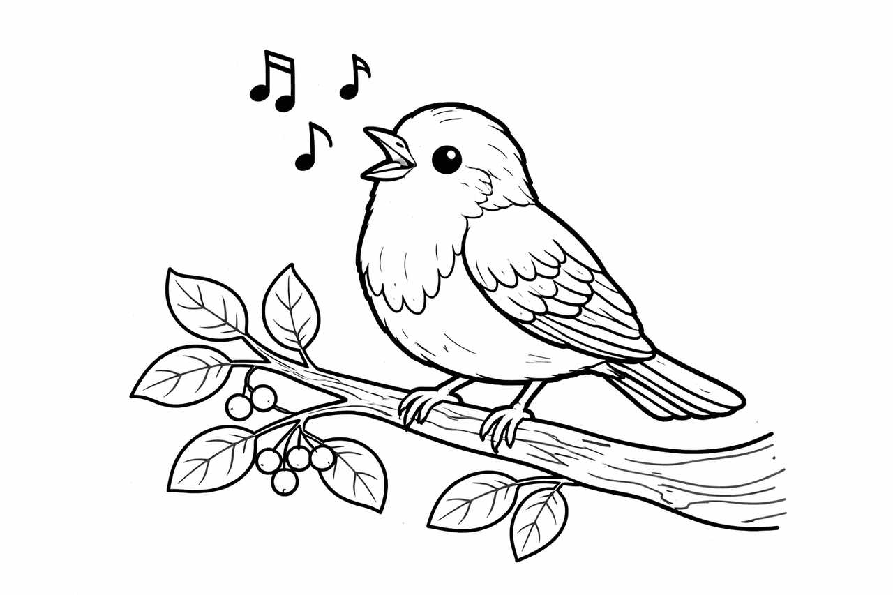 Rotkehlchen singt auf Ast - Ausmalbild