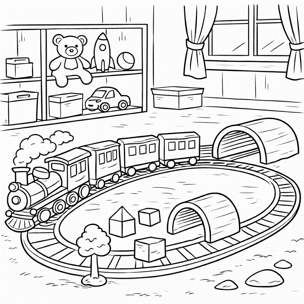 Spielzimmer mit Eisenbahn - Ausmalbild