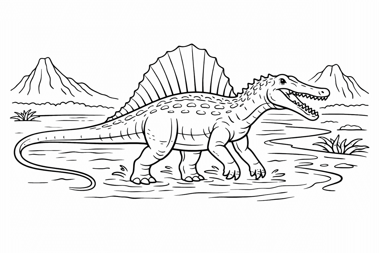 Spinosaurus im Fluss - Ausmalbild