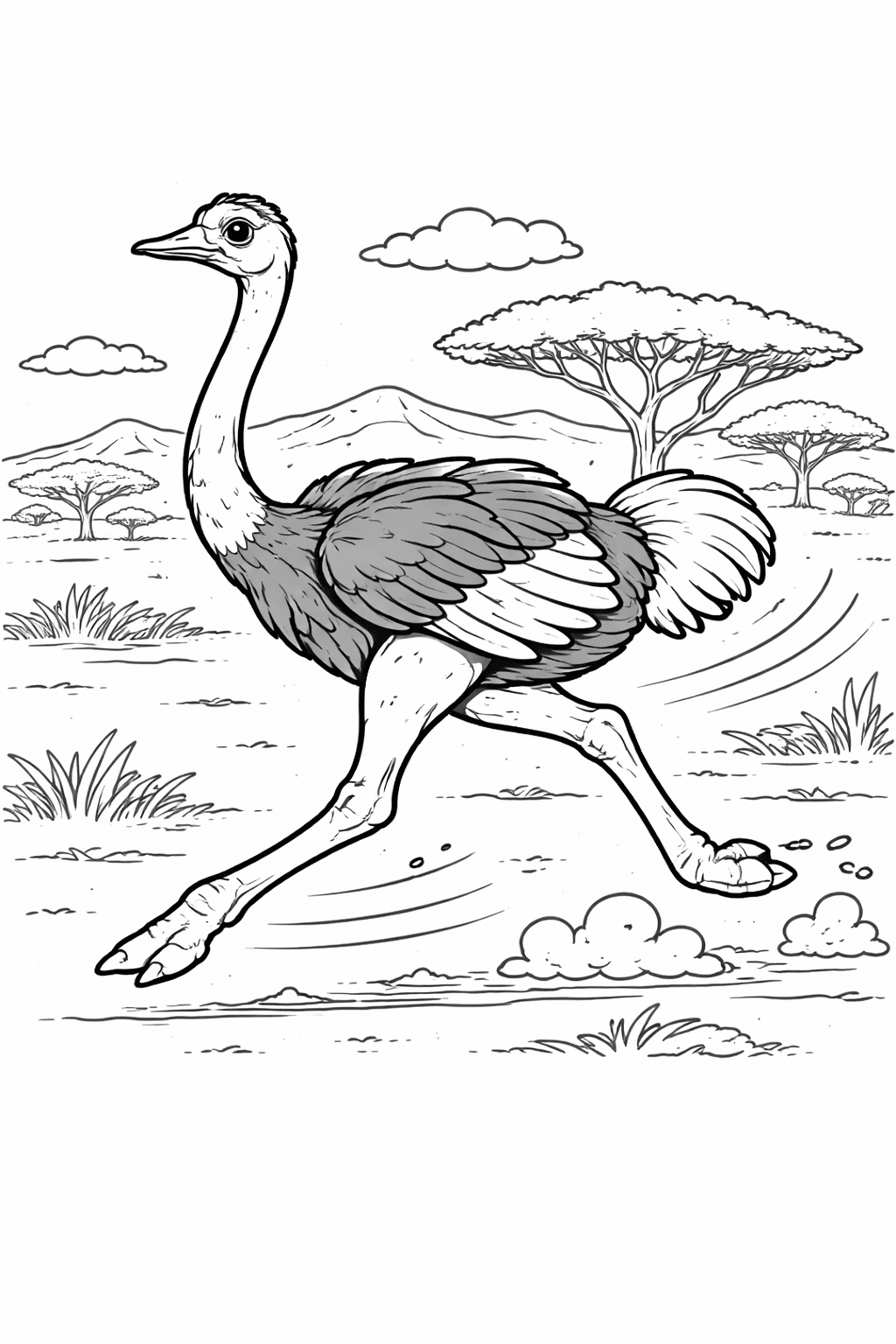 Strauß auf Savanne - Ausmalbild