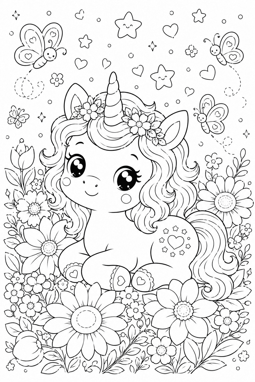 Süßes Einhorn in Blumenwiese - Ausmalbild
