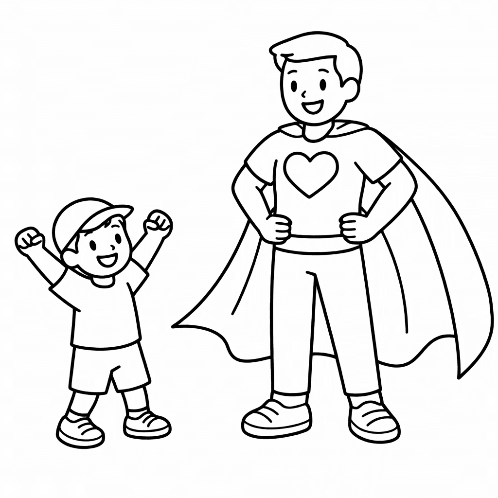 Superhelden Vater Mit Jubelndem Sohn - Ausmalbild