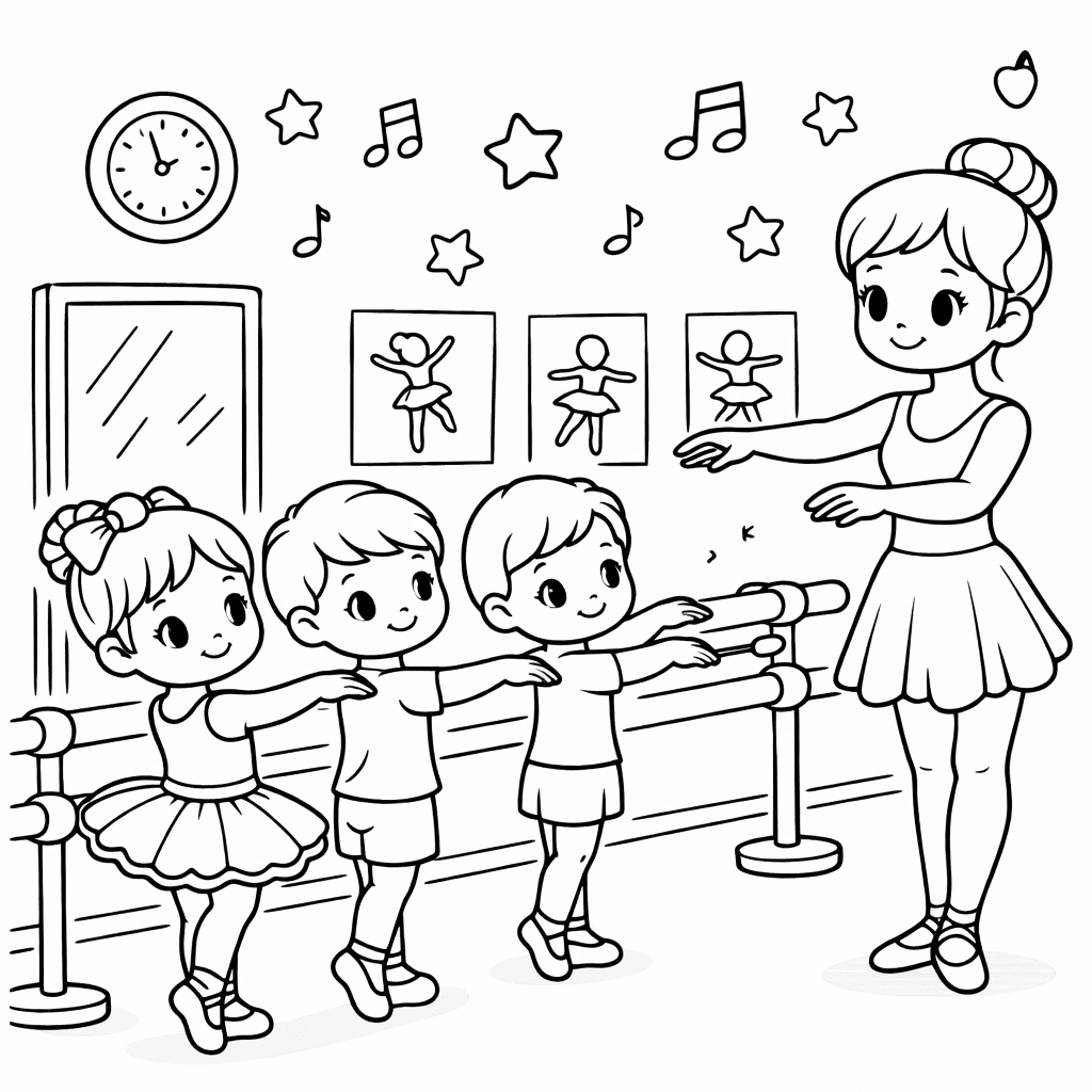 Ballettübungen mit Kinder und Lehrerin - Ausmalbild