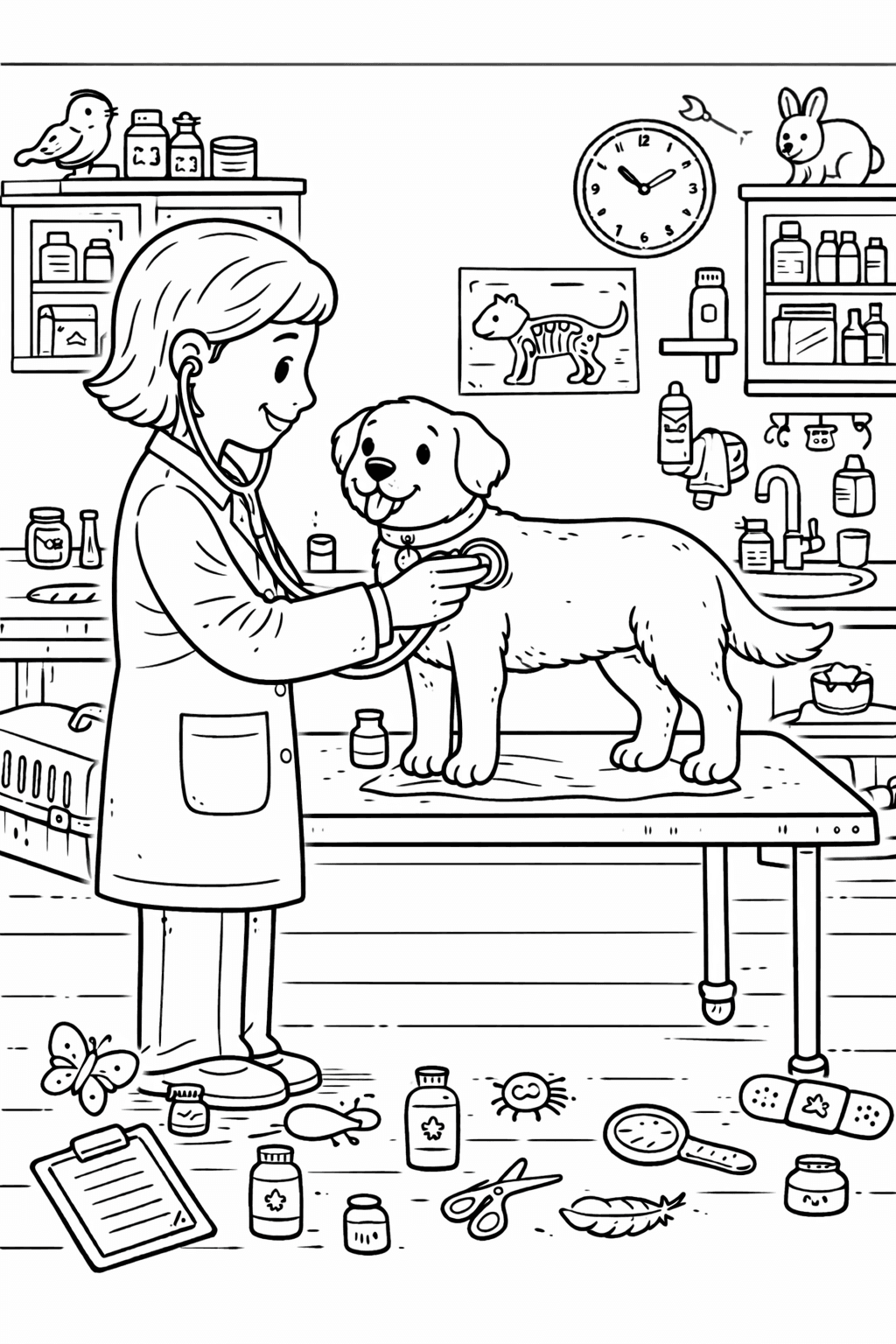 Tierärztin untersucht Hund in Klinik - Ausmalbild