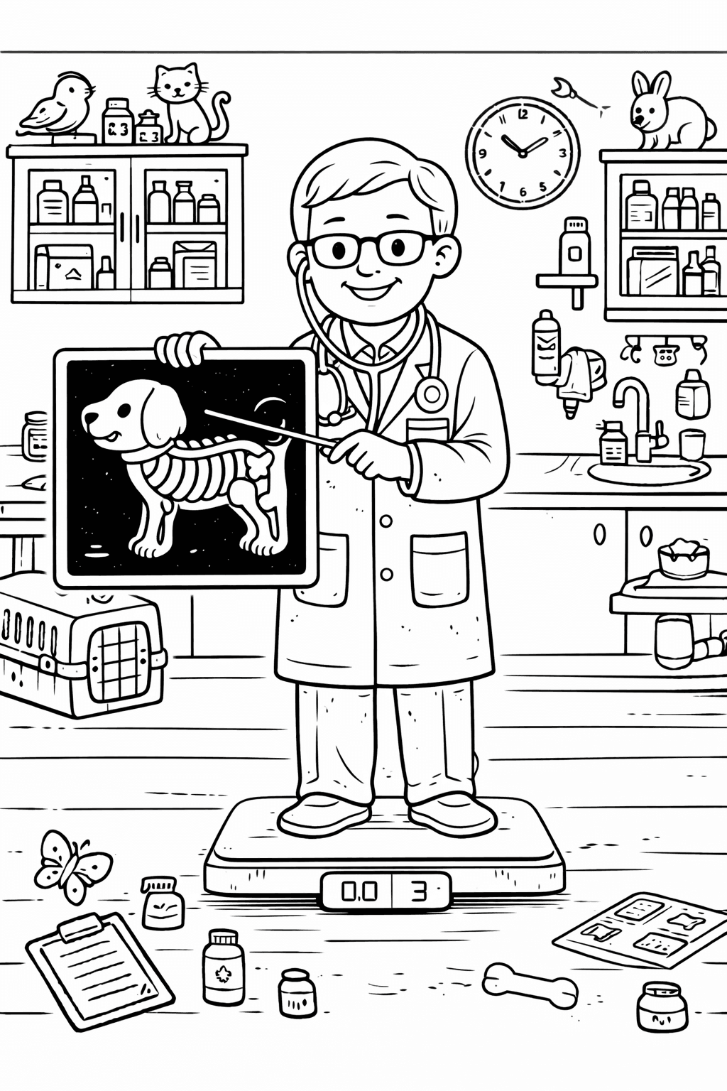 Tierärztliche Untersuchung mit Röntgenbild - Ausmalbild