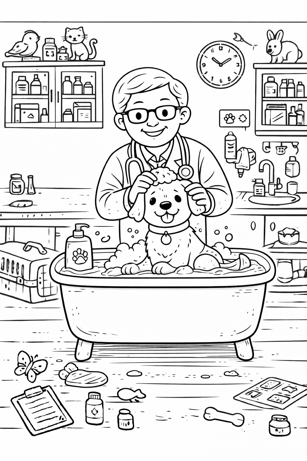 Tierarzt badet einen Hund - Ausmalbild