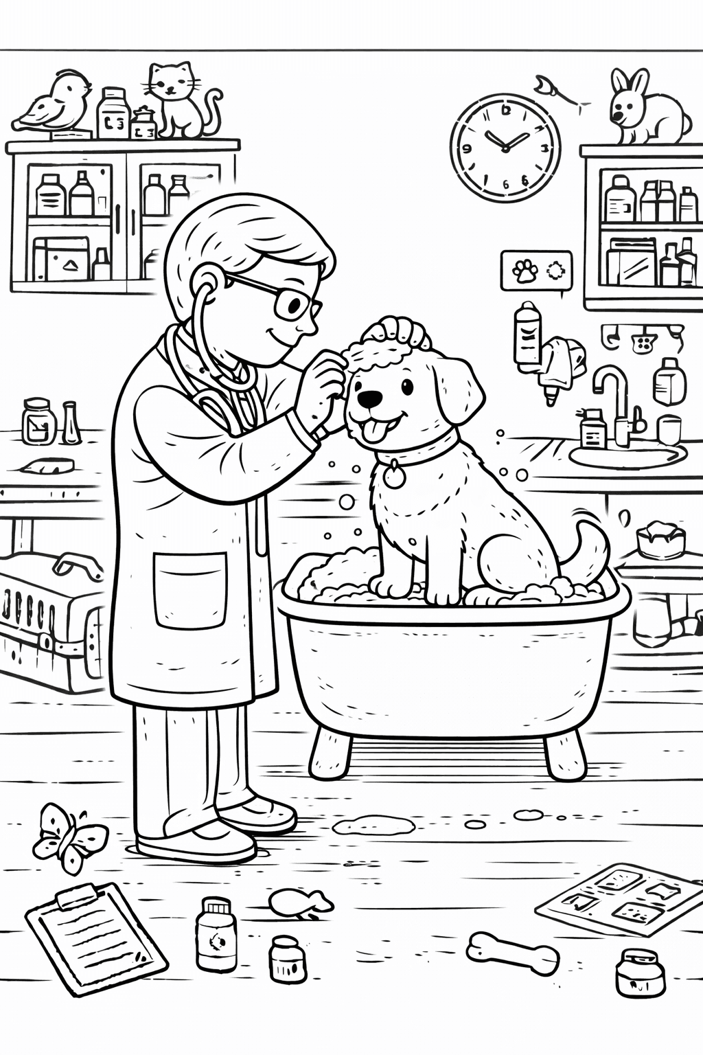 Tierarzt badet glücklichen Hund - Ausmalbild