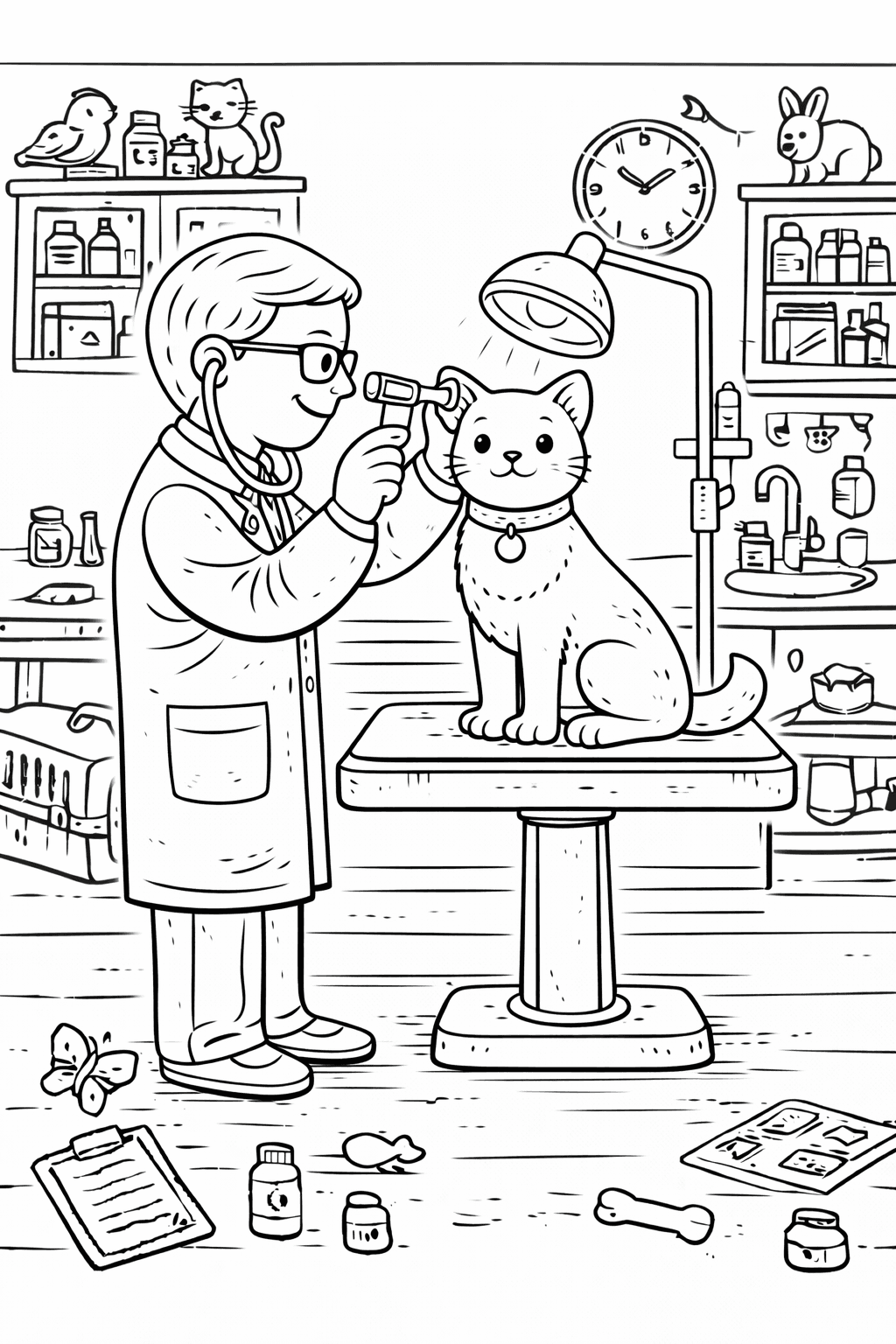 Tierarzt bei der Nagelpflege eines Hundes - Ausmalbild