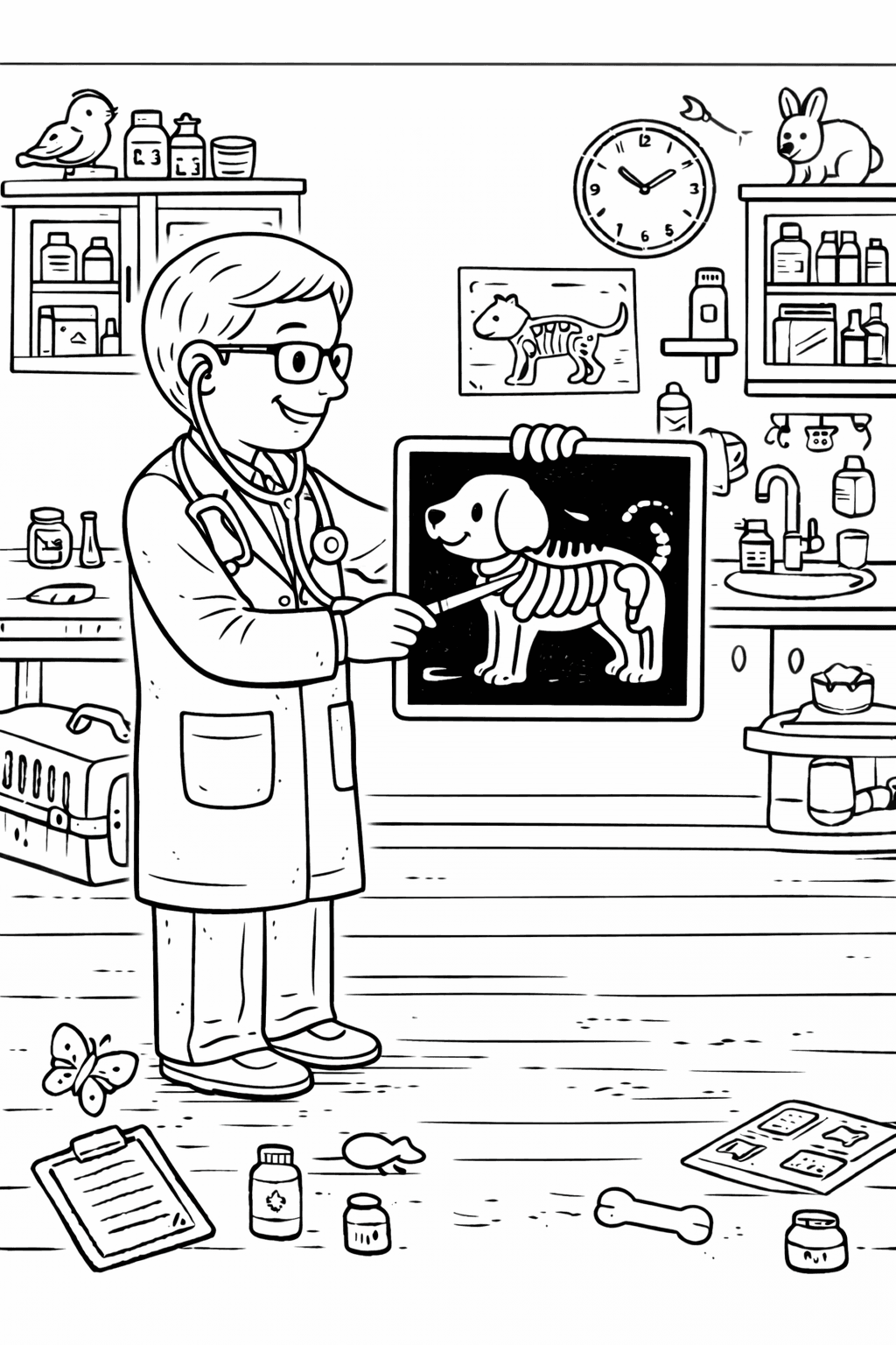Tierarzt erklärt Hundebild im Röntgen - Ausmalbild